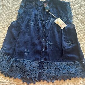 Johnny Was Blue Boxy Blouse with Embellished Design